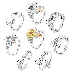YADOCA 8 Pcs Fidget Bague pour Femmes Réglable Anneau Ouvert Ensemble Spinner Anneaux Bague Argent Zircone Fleur éToile Lune Perle Soulagement du Stress Anneaux Empilables avec Boîte (HZ TOP, neuf)