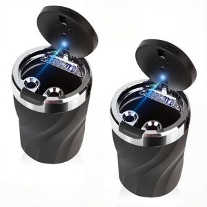 Cendrier de voiture, Cendrier voiture avec couvercle &agrave; ressort, cendrier portable non - fumeur avec lumi&egrave;re LED, cendrier de voiture en acier inoxydable pour le camping (Noir 2 Pi&egrave;ces) (longzhiyu, neuf)