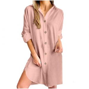 AEGJEGVD Soldes 2025 Robe Chemise Droite Boutonn&eacute;e Devant Blanche Coton Lin Femme Grande Taille D&eacute;contract&eacute; &agrave; Manches Longues Robe de Plage Ample Tunique Robes Longueur Genou R&eacute;tro Maxi Longue Dress (⭐⭐⭐⭐⭐AEGJEGVD⭐⭐⭐⭐⭐, neuf)