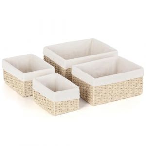 Aevcvok Lot de 4 Panier Rangement avec Doublure,Panier de Rangement Salle de Bain Paniers pour Etag&egrave;res Corbeille Rangement, Panier Osier Empilable pour Salle de Bain, Salon,Cuisine (Beige) (Avokuya, neuf)