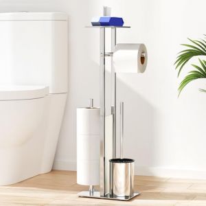 Porte-papier toilette en acier inoxydable - Avec brosse WC - Avec plateau - Porte-papier toilette avec brosse WC - Porte-rouleau de papier toilette debout avec étagère en verre - Argenté (NIFFGAFF-EU, neuf)