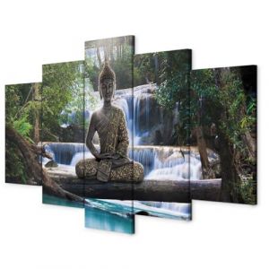 B&D XXL - Tableau décoratif paysage 200x100 cm - Impression sur toile colorée - Décoration murale pour salon et chambre - Bouddha orienter cascade arbres forêt nature rivière paysage c-A-0021-b-n (murando, neuf)