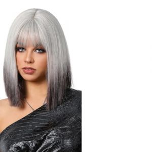 Perruque Femme Perruques ombr&eacute;es bleu clair &agrave; blanc, perruque courte et lisse avec frange for femmes, usage quotidien, f&ecirc;te(LC8154-1) (Jian Yi Shang Mao, neuf)