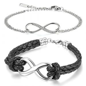 2 bracelets Infinity Cupimatch - Pour homme et femme - Un bracelet en acier inoxydable et zircone - Un bracelet en cuir tressé - Avec le symbole de l'infini (Cupimatch Jewellery, neuf)