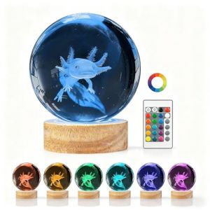Axolotl Veilleuse boule de cristal 3D - 8 cm - LED Crystal Ball Axolotl - Lampe boule en verre avec t&eacute;l&eacute;commande - 16 couleurs - Pour anniversaires, No&euml;l - Cadeau de d&eacute;coration cool pour gar&ccedil;ons et (CARS TRUCKS ONLINE, neuf)