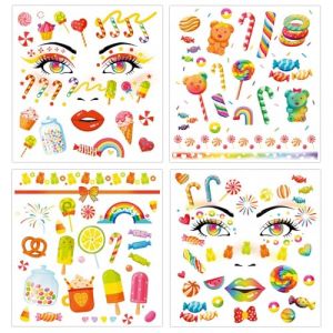 Qpout 8 Feuilles Bonbons Tatouages Temporaires, Stickers Tatouage Faux Maquillage de F&ecirc;te Canne &agrave; Sucre G&acirc;teau Sucette pour Carnaval Costume Halloween Cosplay Mascarade Accessoires de F&ecirc;te (Mopyt, neuf)