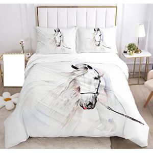 SHUAIG Housse de Couette Cheval pour Les Chevaux 3D Printing, Enfants en Lin Set Animal Chevaux Moteur Microfibre Couverture de lit Ensemble. (Blanc,135x200cm) (WEIYAN-OUZHOU, neuf)