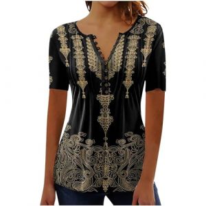 Chemisier Femme Chic et Élégant Manches Courtes Tshirt Chemisiers Et Blouses Grande Taille Imprimé Plissé Henley Tunique Tops Col V Blouse de Soie Boheme Haut Tunique Été Tee Shirt Femmes Solde (⭐⭐⭐⭐⭐AEGJEGVD(5-15 jours Arrivé), neuf)