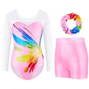 Boteria Justaucorps de Gymnastique pour Filles Trois Pi&egrave;ces Maillots de Gymnastique Gymnastique &agrave; Manches Longues avec Short et Bandeau Justaucorps de Danse (Rose-manches longues, 9-10 ans) (AYHPKJ, neuf)