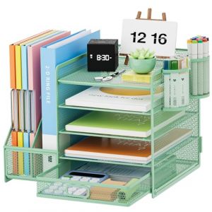Marbrasse Rangement Bureau Organisateur,Avec Porte Documents,Tag&egrave;Re Lettres 5 Niveaux,Compartiments Rangement Avec Tiroir 2 Porte Stylos,Accessoires Bureau Maille,Porte-Revues Pour (Vert) (Marbrasse shop, neuf)