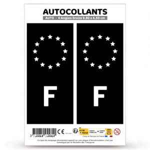 Autocollant Plaque Immatriculation 2 Stickers Pays F France - Identifiant Europ&eacute;en en Version Fond Noir : 9,8 x 4,5 cm (Angles Droits) (blasonimmat, neuf)