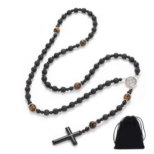 Collier chapelet catholique homme femme croix, collier chapelet en pierre naturelle, collier en roche volcanique et obsidienne, pour chr&eacute;tiens catholiques Communion religieuse, bapt&ecirc;me, messe, Bible (Dengchaoshi, neuf)