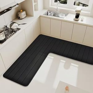 Wlian Tapis de cuisine en forme de L antid&eacute;rapant et absorbant, pour cuisine et maison, tapis d'angle doux, pour salle de bain, WC et douche, lavable en machine, noir, 150 x 150 x 45 cm (WlianJp, neuf)