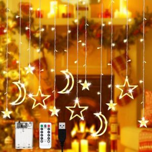Étoiles Rideau Lumineux, 350cm De Guirlande Lumineuse,Guirlande Lumineuse Étoiles Guirlande Lumineuse Rideau,Étoile Lune Guirlandes Lumineuses Led Pour Chambre d'Enfant Noël,Ramadan,Décoration De Fête (MAXSRO EU, neuf)