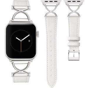 CeMiKa Bracelet Cuir Compatible avec Apple Watch 41mm 40mm 38mm pour Femmes, Mince en Cuir V&eacute;ritable avec X-Shape M&eacute;tal pour iWatch Series 9 8 7 6 5 4 3 2 1 SE, Blanc Ivoire/&eacute;toile (CeMiKa Store, neuf)