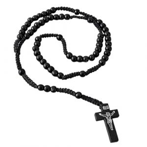 Collier Chapelet Croix Catholique Perles de Pri&egrave;re en Bois Naturel avec Croix M&eacute;daille J&eacute;sus Christ Saint Beno&icirc;t pour Chr&eacute;tiens Catholiques Communion Religieuse Bapt&ecirc;me Messe Bible (Noir) (ANETTEE GLOBALISS, neuf)