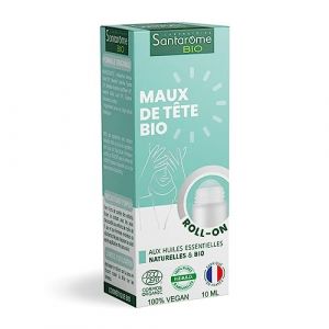 Santarome Bio - Roll on Maux de Tête Bio - Apaise la tête lourde et les tensions de la tête - Roller Huiles essentielles naturelles & Bio - Menthe Poivrée, Menthe Verte - Made In France - 10 ml (Cocooncenter, neuf)