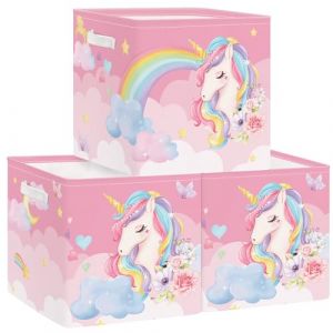 Clastyle Boîtes de Rangement Lot de 3 Licorne Rose Paniers de Rangement Cube Arc-en-ciel Enfant Pliables Coffre à Jouets Filles pour Étagères Livres, Nuage, 30x30x30 cm (Changtian_Im&Ex, neuf)