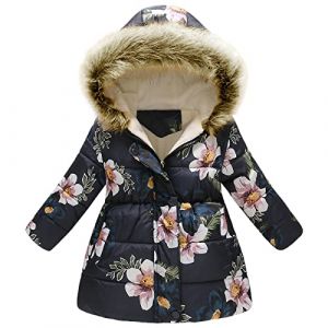 amropi Manteau Enfant Fille À Fleurs Veste à Capuche Fourrure Chaud Hiver Vêtement Marine Fleur, 6-7 Ans (YunBao Footwear Trade, neuf)