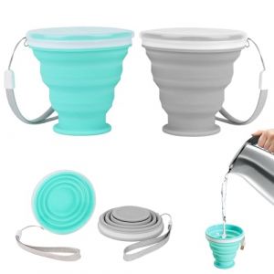 ZFRITP Lot De 2 Gobelets Pliables Verre Pliable,Tasse Pliable,Gobelet Retractable,Gobelet Pliable,Avec Couvercle, Idéal Pour L'eau, Les Jus, Le Camping, L'alpinisme, Les Pique-Niques Et La Plage (DanLanYi, neuf)