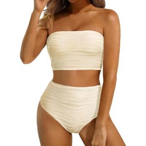 Maillot de bain sans bretelles pour femme - Bikini 2 pièces - Bandeau push-up - Maillot de bain uni - Short à nouer sur le devant - Maillot de bain athlétique - Taille haute, blanc, XL (Wtinfer ⭐⭐⭐⭐⭐ 5, neuf)