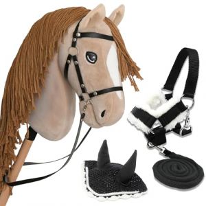 Hobby Horse Beige A3, Cheval bâton Complet avec Filet, Mors, rêne, Licol et Bonnet Anti-Insectes Noir Et Blanc. Tête de Cheval bâton pour Hobby Horsing Enfants et Adolescents (Hobby Horse Land, neuf)