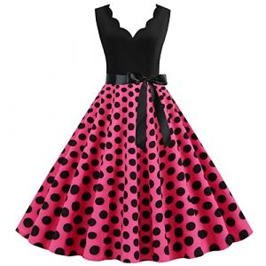 Robe Ann&eacute;e 60 Pin-Up Femme Sexy Col V sans Manche Retro Robe Style 1950's Audrey Hepburn Pin-Up Rockabilly Elegante Polka Dot Trap&egrave;ze Vintage Robes Swing Robe De Bal F&ecirc;te C&eacute;r&eacute;monie Mi Longue (Blingko, neuf)