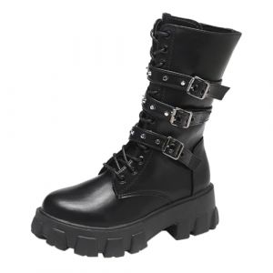 Nidddiv Bottines de motard pour femme - Noir - Style gothique punk - Plateforme - En cuir synth&eacute;tique - Avec boucle - Bottes longues - Bottes d'hiver &agrave; lacets antid&eacute;rapantes, Noir , 38 EU (SHANGNONGY, neuf)