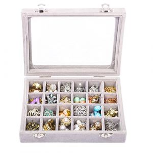Kurtzy Boite a Bijoux et Bagues en Velours Gris (24 Sections) &ndash; L20,2 x l15,1 x H4,6 cm - Bo&icirc;te &agrave; Bijoux avec Compartiments et Couvercle en Verre - pour Bagues, Boucles d&rsquo;Oreilles et Bracelets (Tinyyo Europe, neuf)
