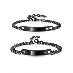 PiercingJak 2PCS Bracelets Couple Amoureux Gourmette Personnalis&eacute; Grav&eacute; Je t'aime Acier Inoxydable Cha&icirc;nes de Main Lien Poignet Cadeau Amour La Saint-Valentin Femme Homme (Gravure-Noir) (KKCAT, neuf)