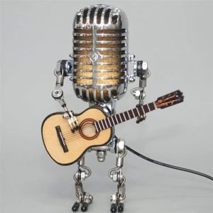 Qklovni Lampe de bureau vintage en forme de robot microphone en métal avec mini guitare, lumière vintage pour décoration d'intérieur, table de nuit, lampe de bureau pour chambre, bar, restaurant (MaXiaoLei, neuf)