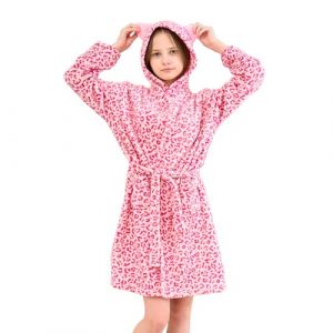 Piefry Chats Peignoir pour Filles Robes de Chambre en Molleton Doux avec Capuche et Oreilles de Chat (L&eacute;opard Rose, 6-7 ans) (Jiahe-US, neuf)