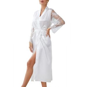 NewBull Sexy Peignoir de Bain Femme Satin Soie Manches Longues Dentelle Pyjama Madam Robe de Plage SPA Jupe de Bain V&ecirc;tements de Nuit avec Ceinture Kimono Robe de Chambre, Blanc (weitao817, neuf)