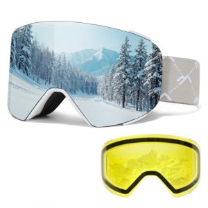 Masque de Ski avec Magn&eacute;tique Lentille Interchangeable,YH693C Lunettes de Ski OTG pour Unisexes Ajustables Anti-UV Coupe-Vent Anti Bu&eacute;e Lunettes de Snowboard pour Ski (04-Argent/Blanc+Lentille) (Masontex Motor Gear, neuf)