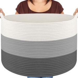 Maliton Panier de rangement pour salon, panier à linge tressé en corde de coton, panier à jouets avec poignées, panier pour doudous, linge, couvertures, coussins, vêtements, 50 x 33 cm, blanc gris (KAILU-TECH, neuf)