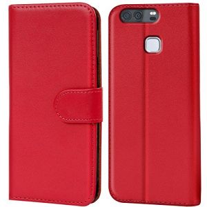 Verco Coque pour Huawei P9, Housse Portefeuille pour P9 Etui en Cuir Synth&eacute;tique Fonction Stand Case, Rouge (ATS-Discounter, neuf)