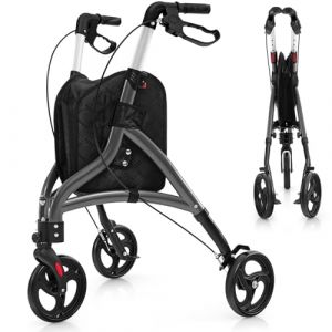 RELAX4LIFE Déambulateur 3 Roues Pliable Léger, Rollator 3 Roues Tout Terrain, Déambulateur Extérieur/Intérieur en Aluminium 5 KG, Portable, Poignée 86-96 CM, Panier, pour Adulte (Gris) (RELAX4LIFE, neuf)