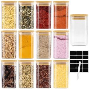 Cinnani 12 Bocaux &agrave; &Eacute;pices Carr&eacute;S en verre 200 ml avec Couvercle en Bambou, pot Epices Verre, R&eacute;Cipient &agrave; &eacute;Pices, Ensemble de Pots &agrave; &Eacute;Pices, Boite a Epices Cuisine Rangement avec &Eacute;tiquettes Vierges (Ambrater, neuf)