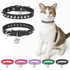 DILLYBUD Collier en cuir pour chat garçon et fille avec clochette et ceinture élastique de sécurité, rivets personnalisés réglables avec breloque tête de mort pour petits animaux de compagnie, noir (bei zhi ke ji you xian gong si, neuf)