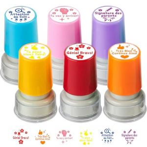 YANGUN 6PCS Tampons Enseignants Français, Plastique Tampon Auto Encreur Enfant, Tampon Maitresse Décole avec Boîte, pour Cadeau Professeur et Encourager Élèves (XANEU, neuf)