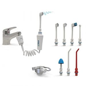 Jet dentaire SOWASH DELUXE, Se connecte au robinet, Hydropulseur Dentaire Sans piles ni &eacute;lectricit&eacute;, 7 t&ecirc;tes incluses + Adaptateur de Voyage Addy, Produit italien (Water Powered, neuf)