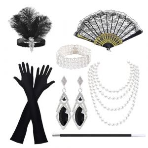 GWAWG Accessoire Ann&eacute;e 20 Femme, Deguisement Femme Annee 20, Tenue des Ann&eacute;es 20 avec Flapper Bandeau, Gants, Collier de Perles, Boucles d'oreilles, pour Halloween No&euml;l Carnaval (GWAWG, neuf)