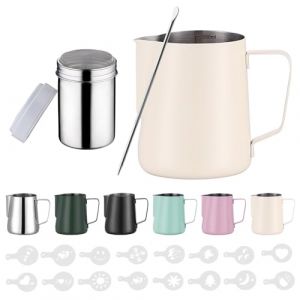 Zuquik Pot à Lait Barista en Acier Inoxydable de 350 ml Avec Mesure Mark 12oz, Pot à Mousse de Lait avec Saupoudreur de Cacao, 16 Pochoirs et Stylo pour Cappuccino et Expresso,Blanc (ACE Fac, neuf)