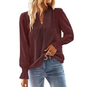 TUUHAW Chemise Femme Chic et &Eacute;l&eacute;gant Automne Manches Longues Boh&egrave;me Top Col en V Manche &agrave; Volants Dentelle Haut T-Shirts &agrave; Point Suisse D&eacute;contract&eacute; Fluide Tunique Rouge Bordeaux XL (TROFANO, neuf)
