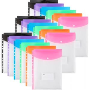 Lot de 18 pochettes perfor&eacute;es en plastique A4, 11 trous, extensibles pour classeurs &agrave; 2/3/4 anneaux avec bouton pression et &eacute;tiquette, feuilles mobiles transparentes pour bureau, &eacute;cole, maison (JoyMaxJoy Direct, neuf)