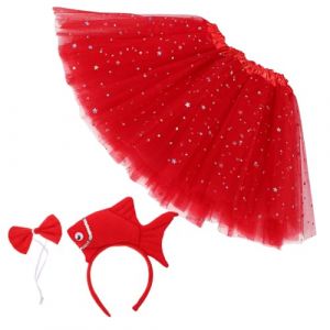 Healvian Costume Garçon Fille Poisson Océan Peluche avec Serre-tête et Jupe Tulle Rouge Étoilée Déguisement Animal Marin Doux pour Fêtes Halloween et Jeux Quotidiens (Pxinyao, neuf)