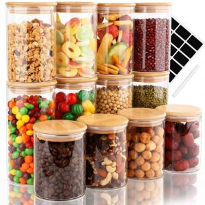 Otauoaea Lot de 12 Bocaux en Verre Hermetiques avec Couvercle en Bambou - 4x400ml & 4x500ml & 4x700ml Bocal en Verre - Pot en Verre avec &Eacute;tiquettes - Boite Rangement pour C&eacute;r&eacute;ales, Haricots, &Eacute;pices (Versatile official, neuf)