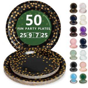 Nkaiso Assiette Jetable Anniversaire, 50 Pi&egrave;ces Noir Or Vaisselle en carton - 25 Assiettes Plateaux 23cm & 25 Assiettes Dessert 18cm - Pour Mariage, Anniversaire & &Eacute;v&eacute;nements (Nkaiso, neuf)
