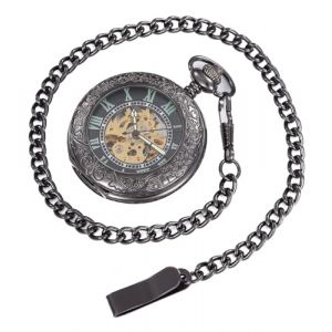 Infinite U M&eacute;canique &agrave; Remontage Automatique Lumineux Montre de Poche M&eacute;canique Style de Steampunk Squelette Creux en Acier Pendentif Collier Noir (MicLee, neuf)