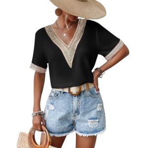 Yuson Girl Chemise Femme Chic et &Eacute;l&eacute;gant D&eacute;coupes Blouse Hauts Col en V &agrave; Dentelle T Shirts pour Femmes Chemises Casual &agrave; Manches Courtes Hauts en Mousseline d'&eacute;t&eacute;(Noir, M) (YusonGirl, neuf)